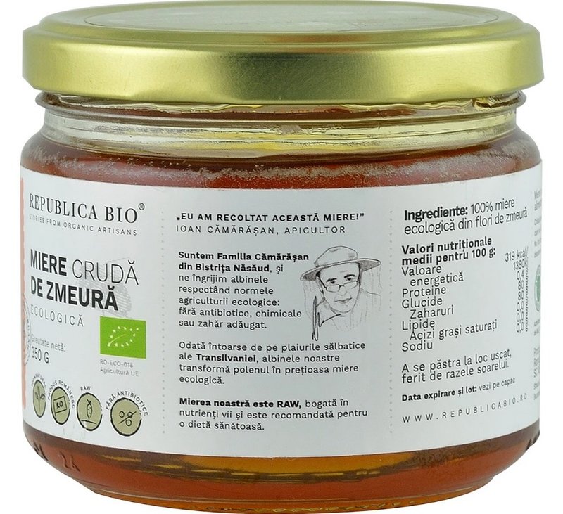 Miere de zmeura ecologica cruda Republica BIO350 g